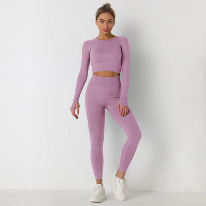 Custom Logo Seamless Sportswear Set for Women Crop O-neck Long-sleeved T-shirts Hip Lifting High Waist Leggings Yoga Running Set