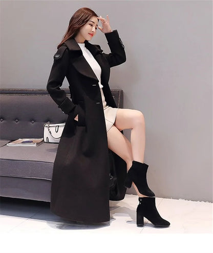 Women's Long Woolen Coat  2023 Spring Autumn New Korean Waist  Slimming Over-Knee Thick Keep Warm Woolen Coat Lady Overcoat W2