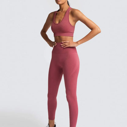 Custom Logo Women's Solid Sportswear Suit Low Neck Push up Bra and  Seamless Scrunch Butt Leggings Set Fitness Yoga Wear Suit