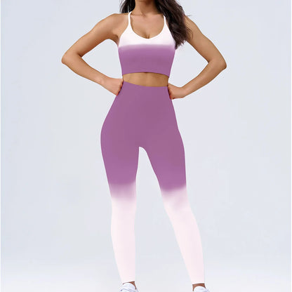 Gradient Breathable Sportswear Suit for Women Y-line Crop Tank Top Deed Neck Sports Bra Scrunch Butt Leggings Set Activewear Set