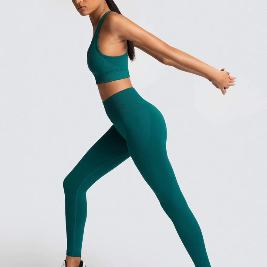 Custom Logo Women's Solid Sportswear Suit Low Neck Push up Bra and  Seamless Scrunch Butt Leggings Set Fitness Yoga Wear Suit