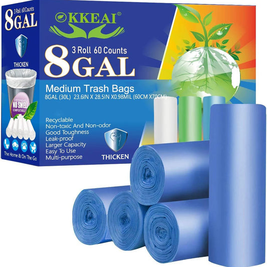 8 Gallon Kitchen Trash Bags Blue Garbage Bags Strong 30L Trash Can Bags Medium Wastebasket Bin Liners Home Office, Lawn,Bathroom