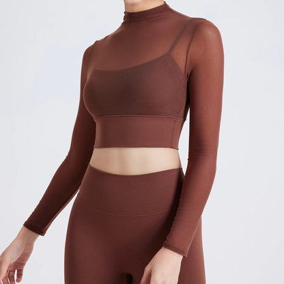 Hot Sale Sexy Tulle 2 in 1 High Neck Long Sleeve Quick Drying Crop Top Yoga Sportswear Padded Mesh Crop Shirts for Women