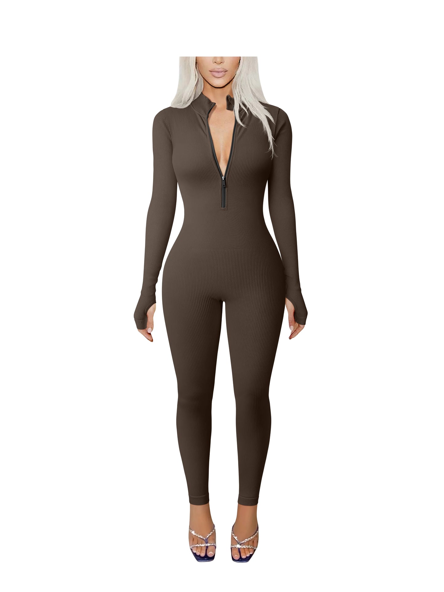 New Long Sleeved Zipper Seamless Ftness Jumpsuit Women's Sportswear Jumpsuit