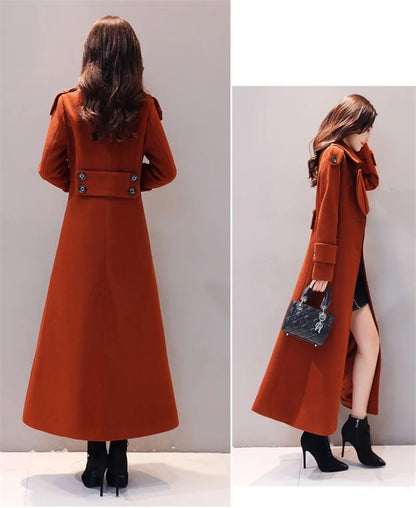 Women's Long Woolen Coat  2023 Spring Autumn New Korean Waist  Slimming Over-Knee Thick Keep Warm Woolen Coat Lady Overcoat W2