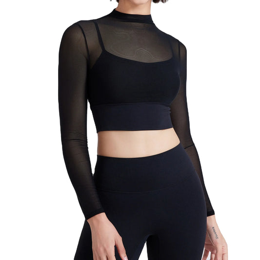 Hot Sale Sexy Tulle 2 in 1 High Neck Long Sleeve Quick Drying Crop Top Yoga Sportswear Padded Mesh Crop Shirts for Women