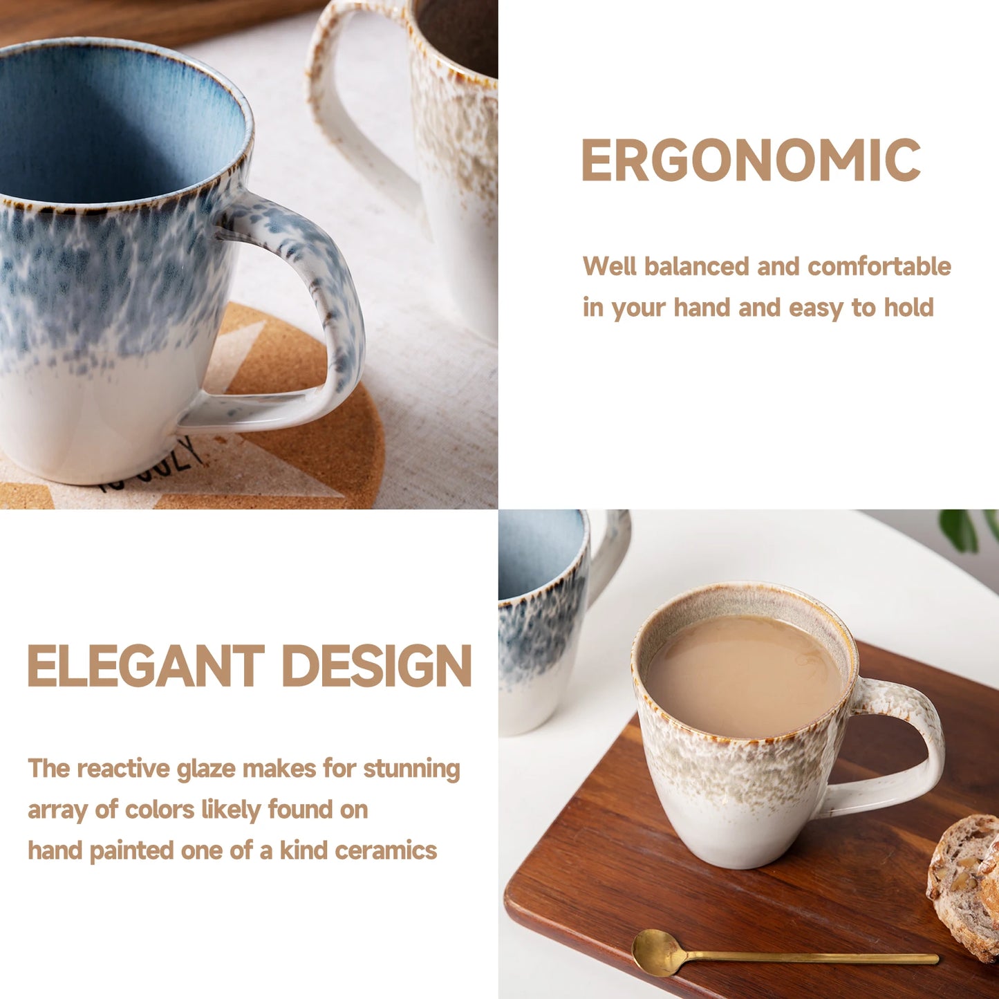 Set of 2 Stoneware Coffee Mugs Set Unique Glazed Ceramic Mugs with Handle for Coffee Tea Milk Cereal