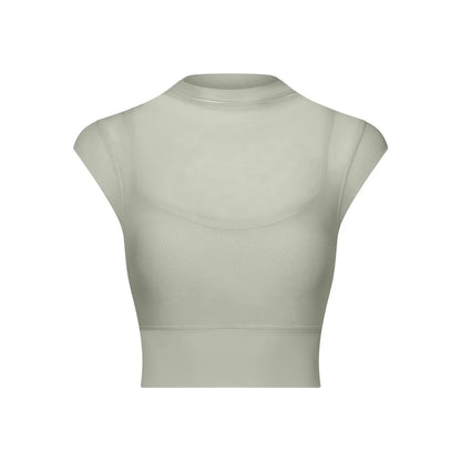 New Design Women's Sexy Mesh Panel 2 in 1 High Neck Sleeveless Quick Dry Crop Top Fitness Tennis Yoga Sportswear Crop Top