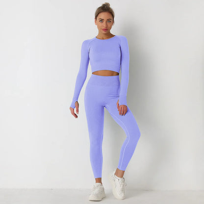 Custom Logo Seamless Sportswear Set for Women Crop O-neck Long-sleeved T-shirts Hip Lifting High Waist Leggings Yoga Running Set