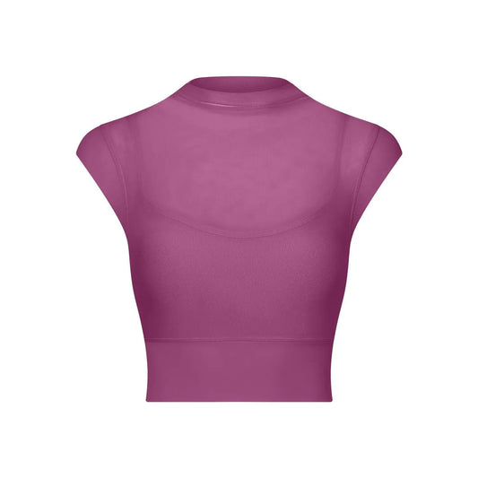 New Design Women's Sexy Mesh Panel 2 in 1 High Neck Sleeveless Quick Dry Crop Top Fitness Tennis Yoga Sportswear Crop Top