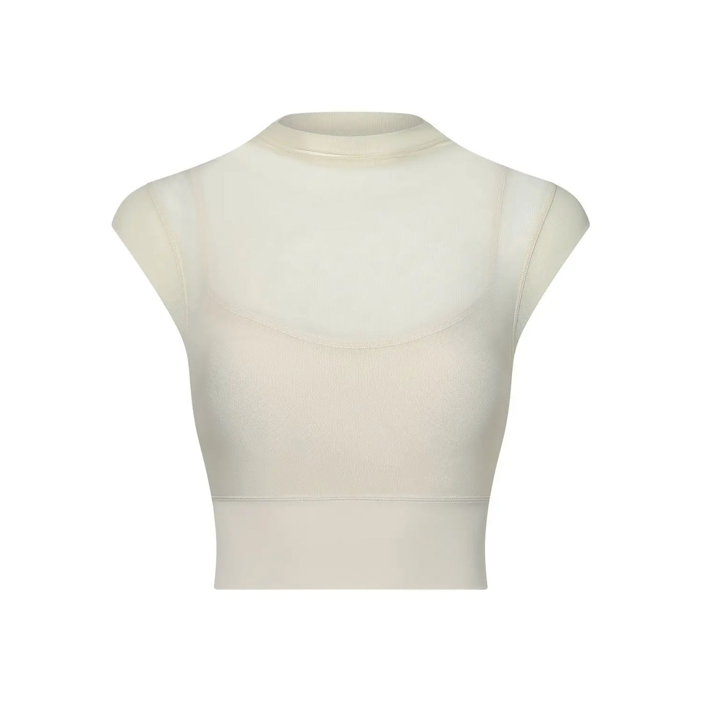 New Design Women's Sexy Mesh Panel 2 in 1 High Neck Sleeveless Quick Dry Crop Top Fitness Tennis Yoga Sportswear Crop Top