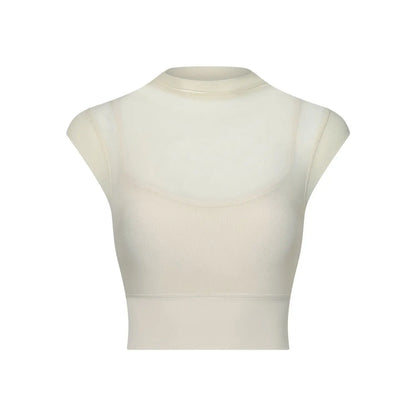 New Design Women's Sexy Mesh Panel 2 in 1 High Neck Sleeveless Quick Dry Crop Top Fitness Tennis Yoga Sportswear Crop Top