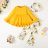 Catpapa Local Warehouse Solid Long Sleeve Top Floral Pants Kids Baby 3pcs Soft Cotton Clothes Spring Fall Girls Clothing Sets