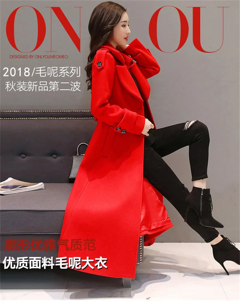 Women's Long Woolen Coat  2023 Spring Autumn New Korean Waist  Slimming Over-Knee Thick Keep Warm Woolen Coat Lady Overcoat W2