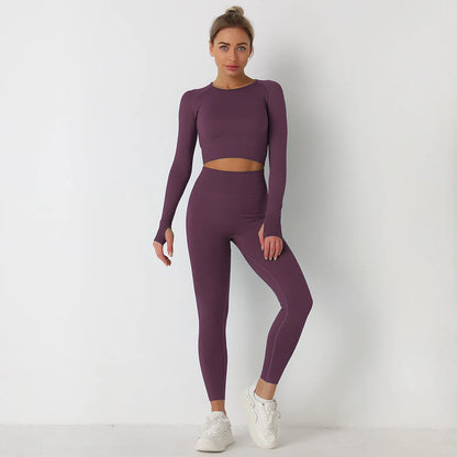 Custom Logo Seamless Sportswear Set for Women Crop O-neck Long-sleeved T-shirts Hip Lifting High Waist Leggings Yoga Running Set