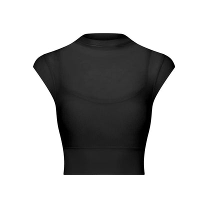 New Design Women's Sexy Mesh Panel 2 in 1 High Neck Sleeveless Quick Dry Crop Top Fitness Tennis Yoga Sportswear Crop Top