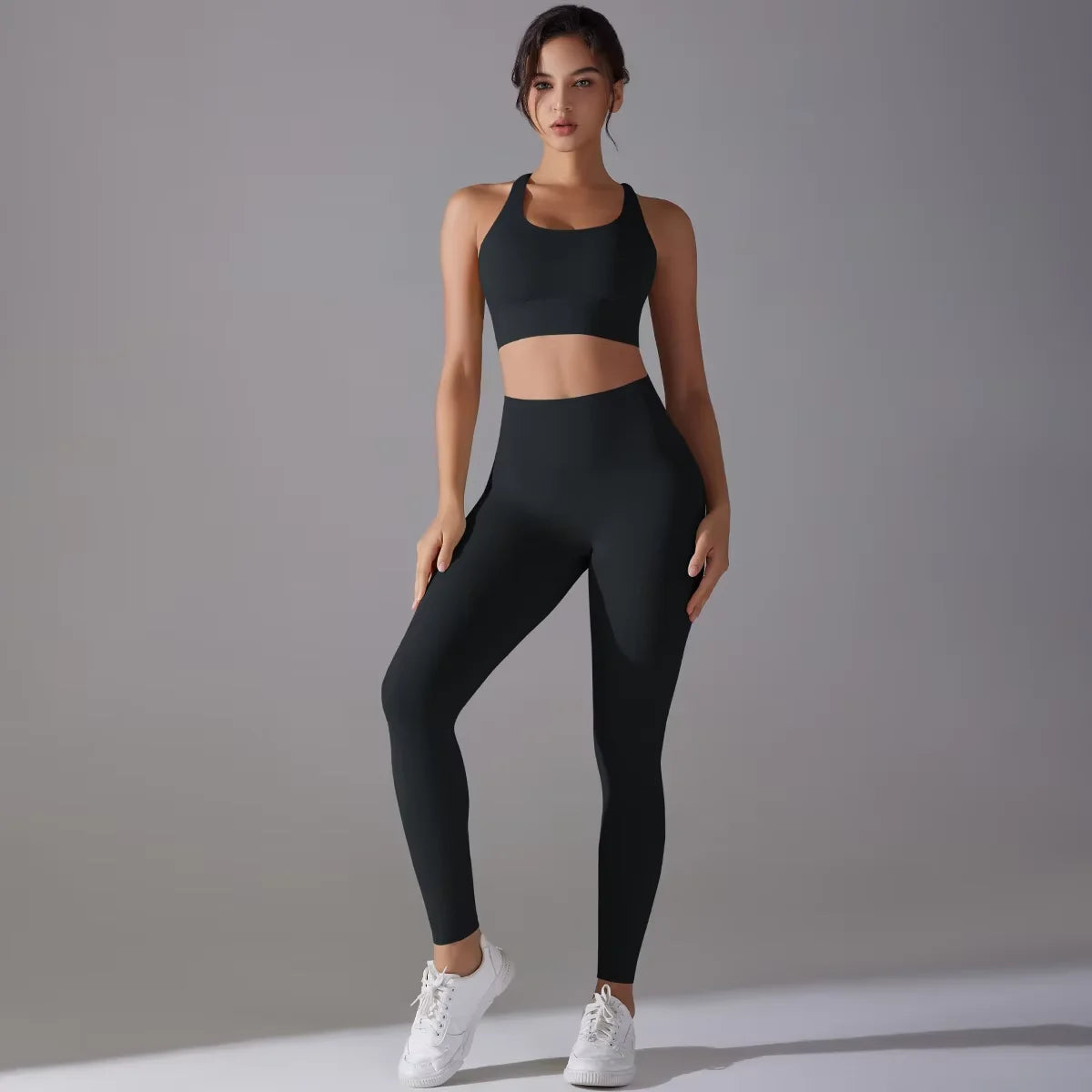Women's Seamless Yoga Set for Fitness Sports Gym Workout Clothing with Solid Pattern Front Logo-Top and Sportswear Suit