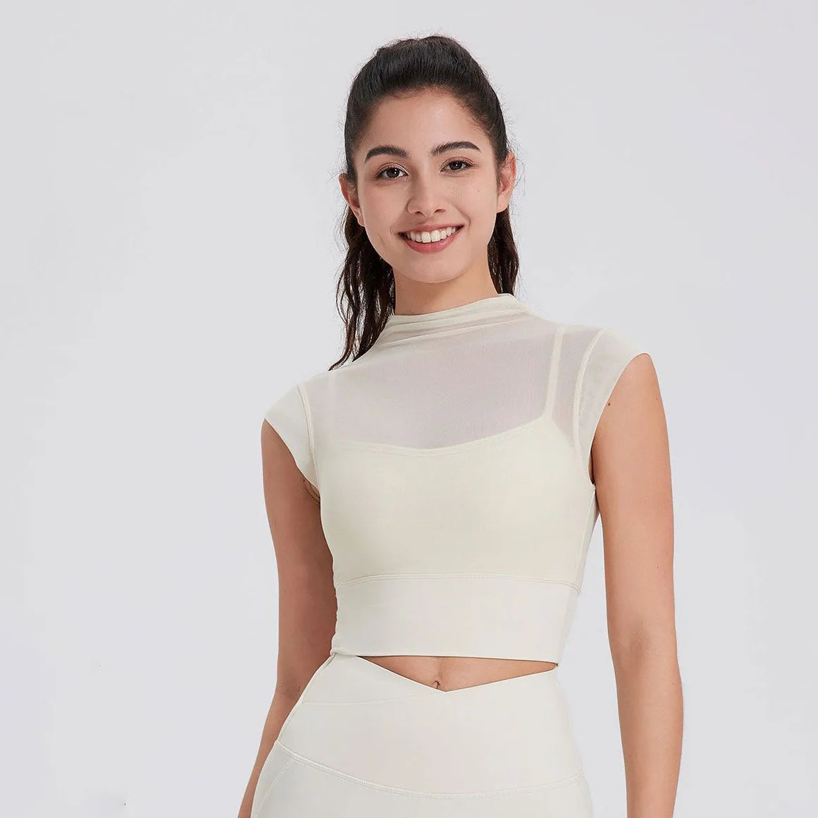 New Design Women's Sexy Mesh Panel 2 in 1 High Neck Sleeveless Quick Dry Crop Top Fitness Tennis Yoga Sportswear Crop Top
