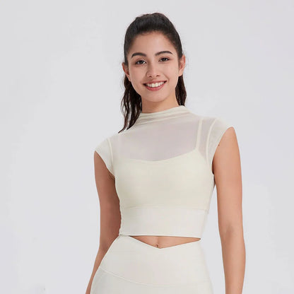 New Design Women's Sexy Mesh Panel 2 in 1 High Neck Sleeveless Quick Dry Crop Top Fitness Tennis Yoga Sportswear Crop Top