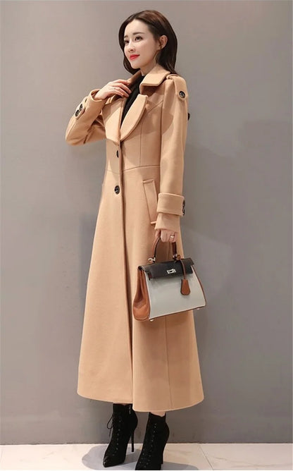 Women's Long Woolen Coat  2023 Spring Autumn New Korean Waist  Slimming Over-Knee Thick Keep Warm Woolen Coat Lady Overcoat W2