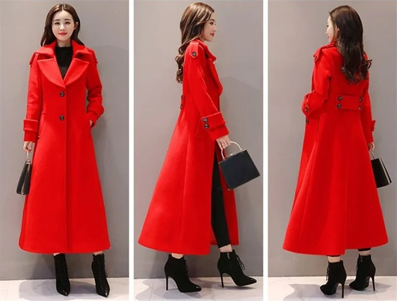 Women's Long Woolen Coat  2023 Spring Autumn New Korean Waist  Slimming Over-Knee Thick Keep Warm Woolen Coat Lady Overcoat W2