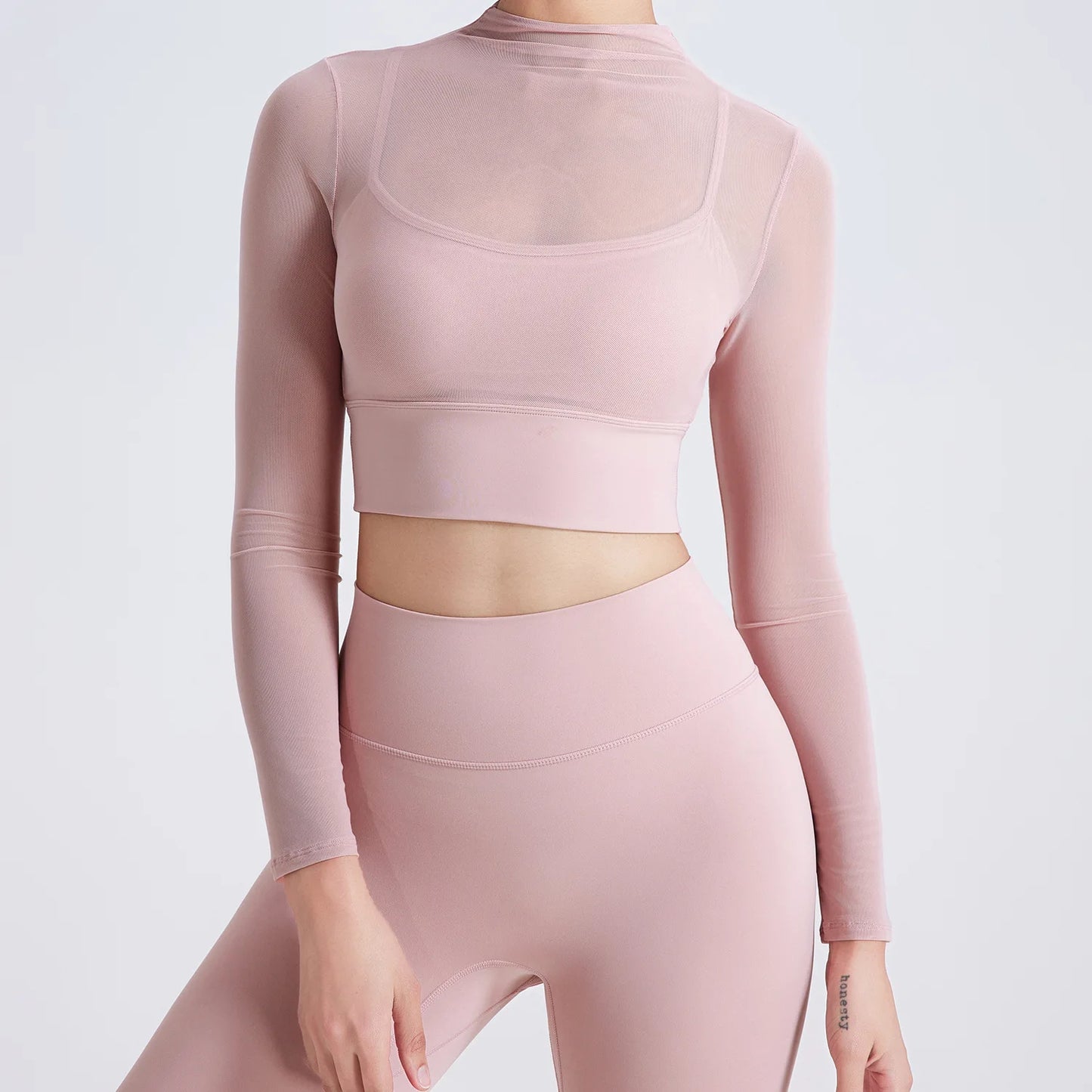 Hot Sale Sexy Tulle 2 in 1 High Neck Long Sleeve Quick Drying Crop Top Yoga Sportswear Padded Mesh Crop Shirts for Women