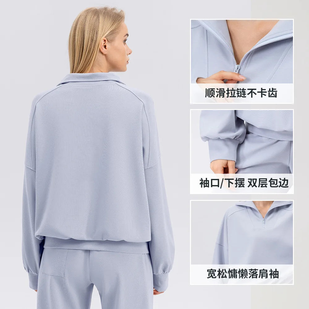 Autumn and Winter New Exercise Sweatshirt Women's Half Long-sleeve Zipper Loose Outdoor Casual Running Sportswear