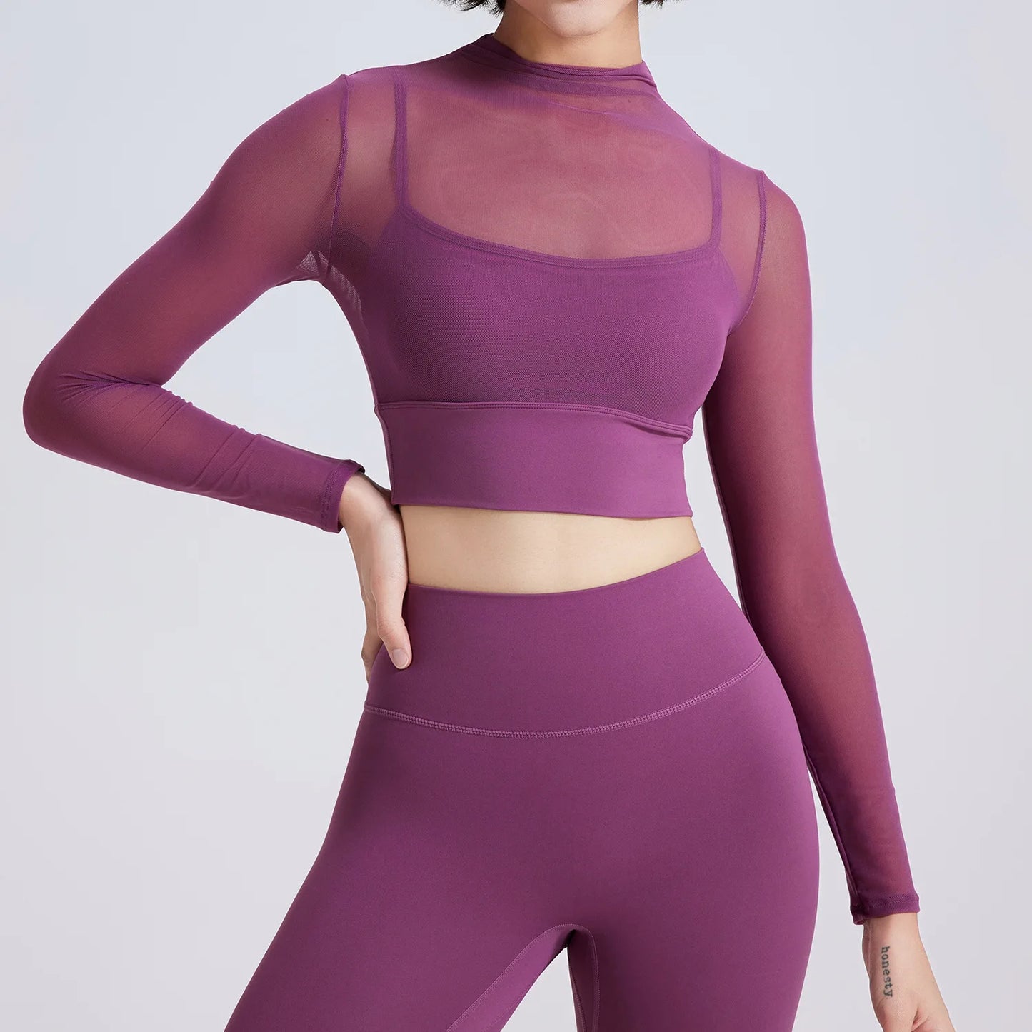 Hot Sale Sexy Tulle 2 in 1 High Neck Long Sleeve Quick Drying Crop Top Yoga Sportswear Padded Mesh Crop Shirts for Women