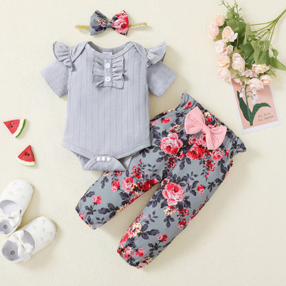 Catpapa Local Warehouse Autumn Fashion Girl Kids Clothing Sets Short Sleeve Ruffled Rompers With Floral Pants 3pcs Baby Suit
