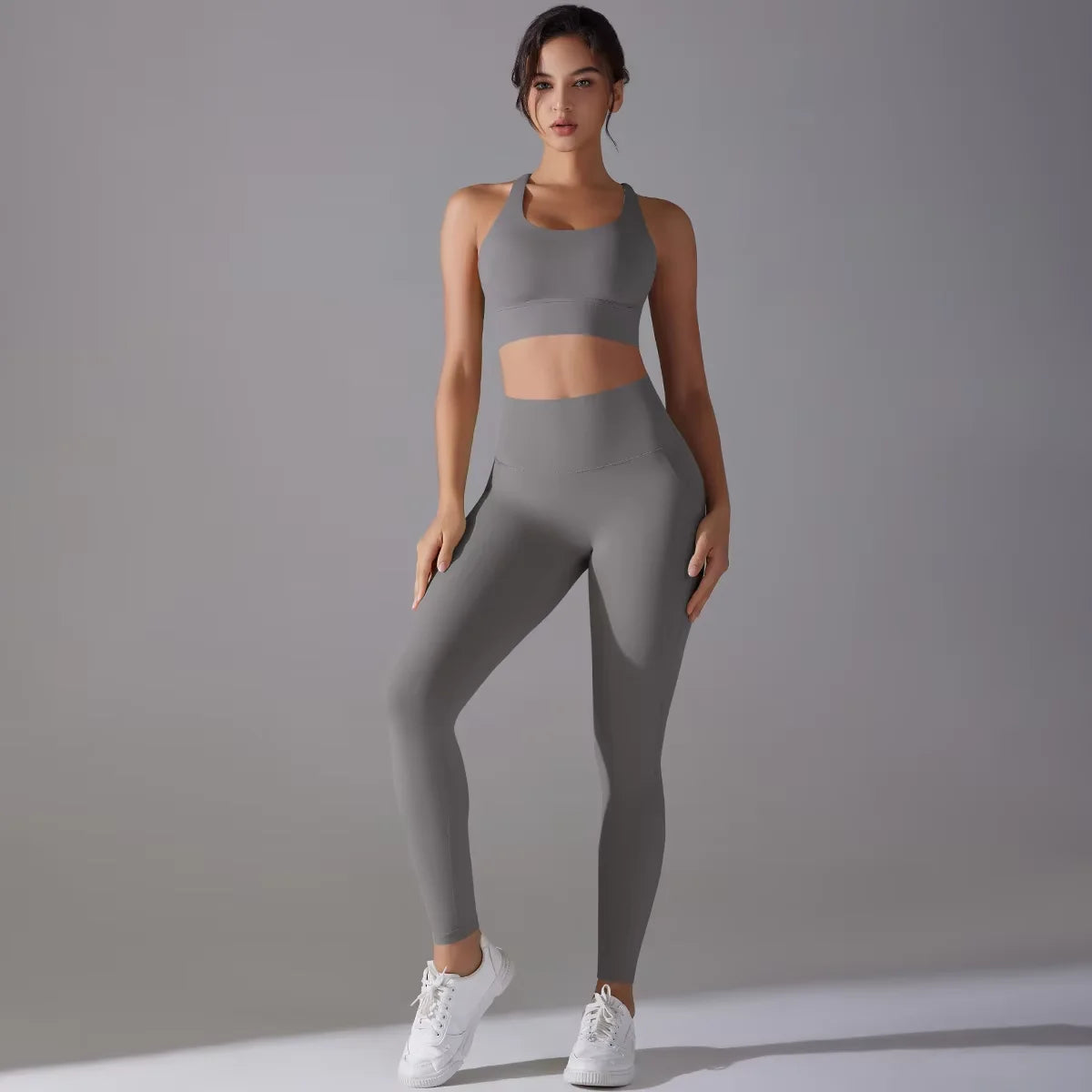 Women's Seamless Yoga Set for Fitness Sports Gym Workout Clothing with Solid Pattern Front Logo-Top and Sportswear Suit