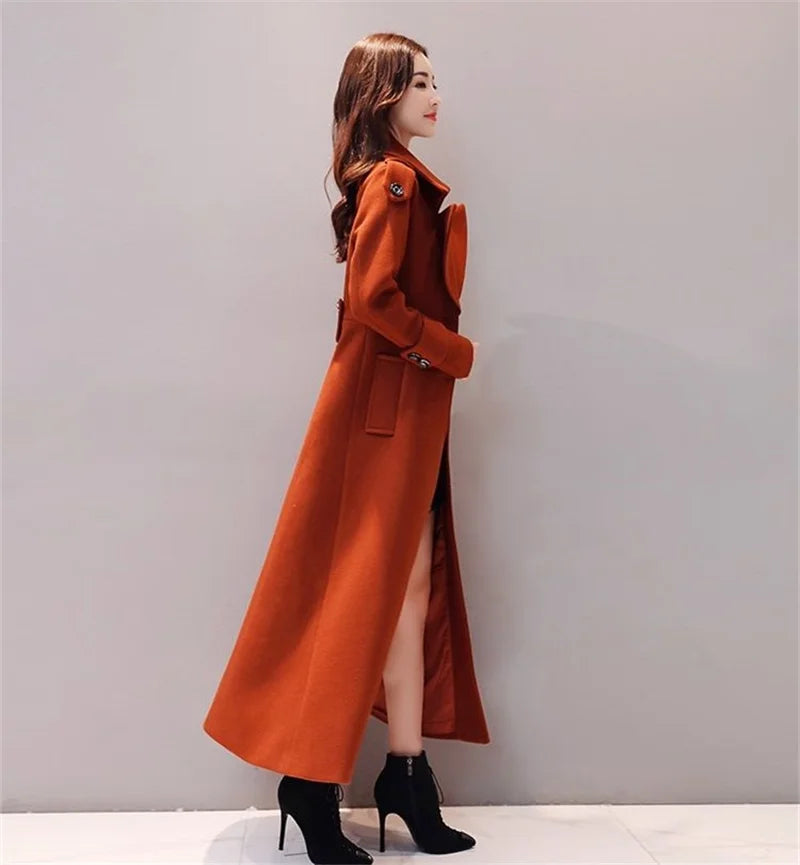 Women's Long Woolen Coat  2023 Spring Autumn New Korean Waist  Slimming Over-Knee Thick Keep Warm Woolen Coat Lady Overcoat W2