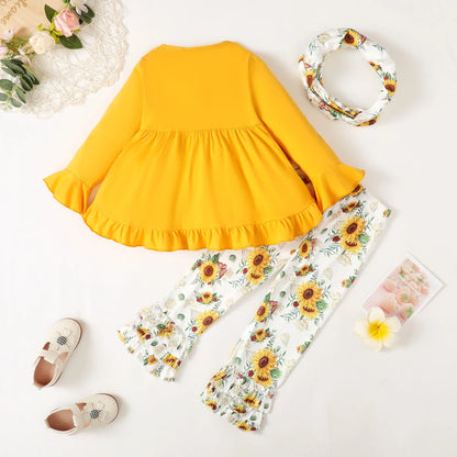 Catpapa Local Warehouse Solid Long Sleeve Top Floral Pants Kids Baby 3pcs Soft Cotton Clothes Spring Fall Girls Clothing Sets