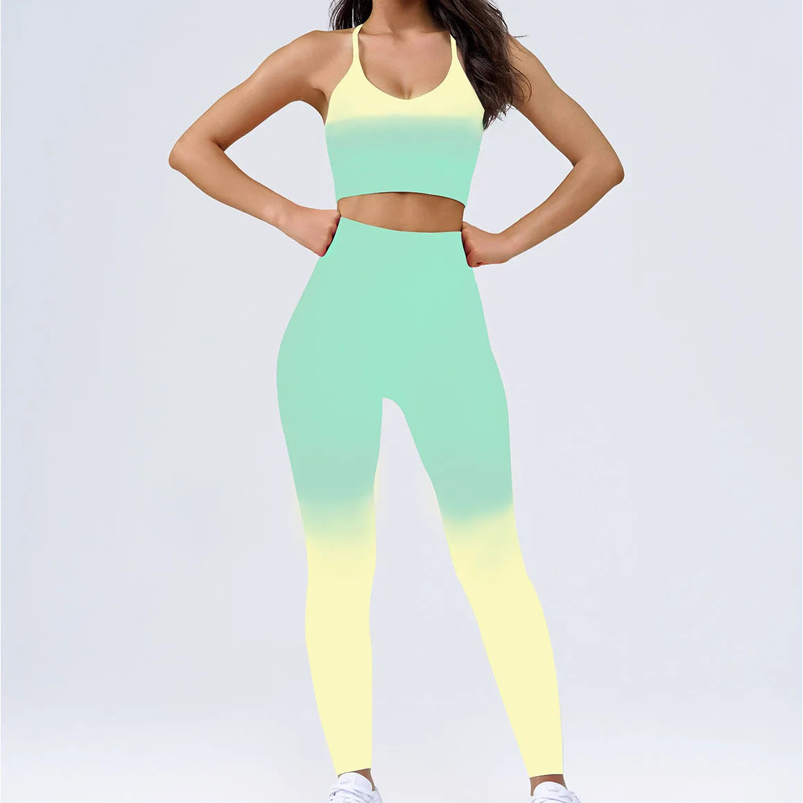 Gradient Breathable Sportswear Suit for Women Y-line Crop Tank Top Deed Neck Sports Bra Scrunch Butt Leggings Set Activewear Set