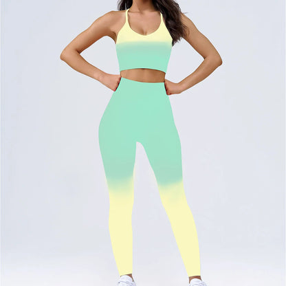 Gradient Breathable Sportswear Suit for Women Y-line Crop Tank Top Deed Neck Sports Bra Scrunch Butt Leggings Set Activewear Set
