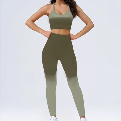 Gradient Breathable Sportswear Suit for Women Y-line Crop Tank Top Deed Neck Sports Bra Scrunch Butt Leggings Set Activewear Set