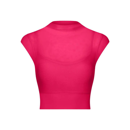 New Design Women's Sexy Mesh Panel 2 in 1 High Neck Sleeveless Quick Dry Crop Top Fitness Tennis Yoga Sportswear Crop Top
