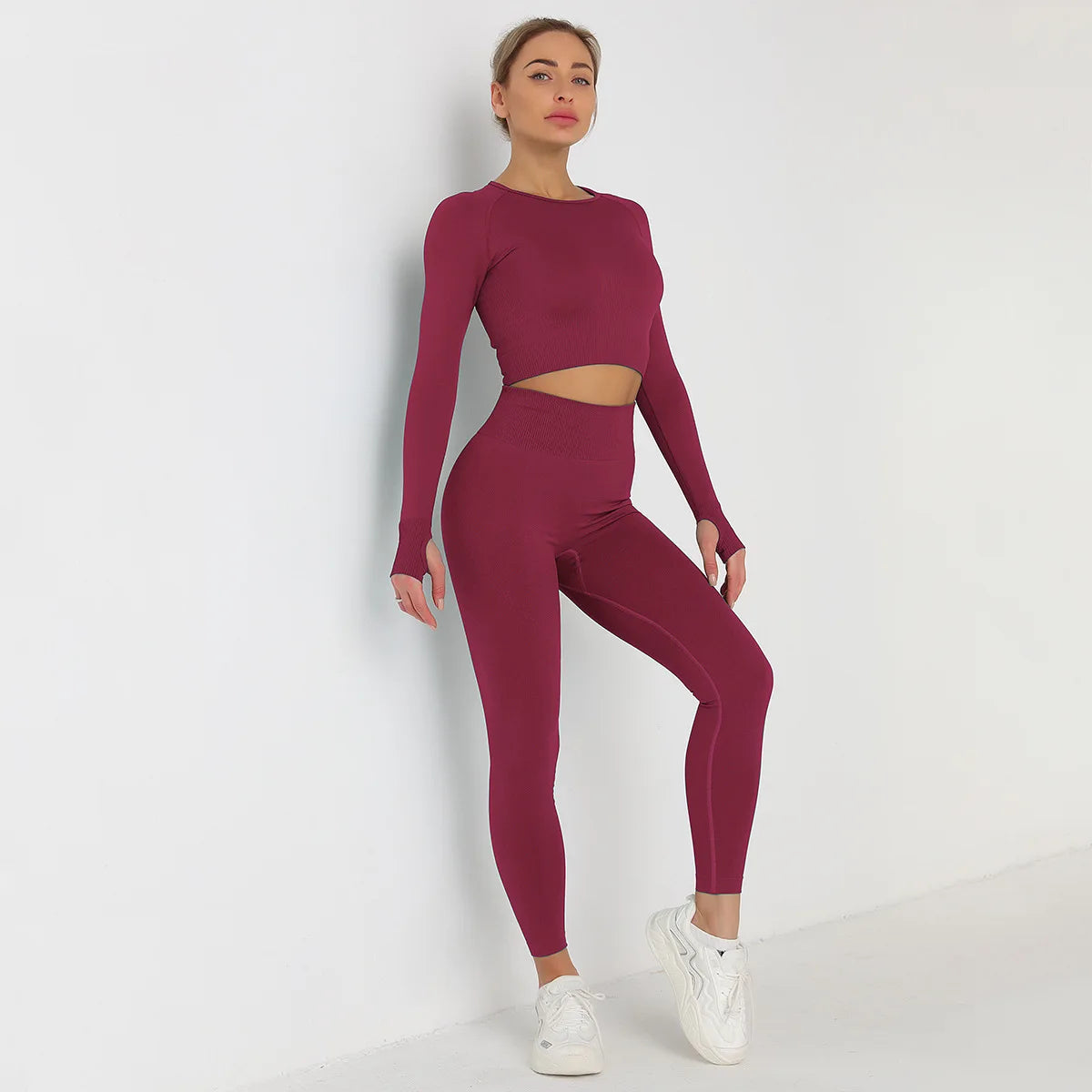 Custom Logo Seamless Sportswear Set for Women Crop O-neck Long-sleeved T-shirts Hip Lifting High Waist Leggings Yoga Running Set