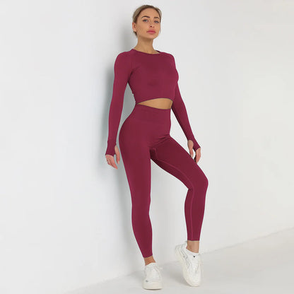 Custom Logo Seamless Sportswear Set for Women Crop O-neck Long-sleeved T-shirts Hip Lifting High Waist Leggings Yoga Running Set