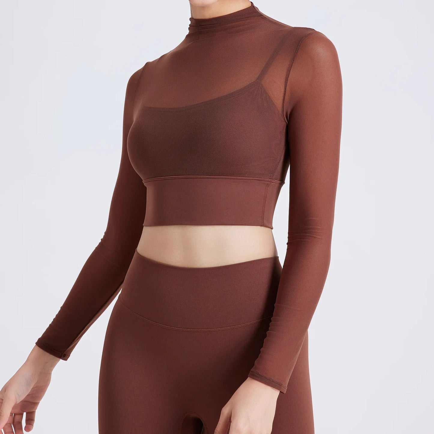 Hot Sale Sexy Tulle 2 in 1 High Neck Long Sleeve Quick Drying Crop Top Yoga Sportswear Padded Mesh Crop Shirts for Women