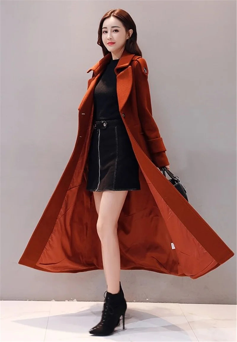 Women's Long Woolen Coat  2023 Spring Autumn New Korean Waist  Slimming Over-Knee Thick Keep Warm Woolen Coat Lady Overcoat W2