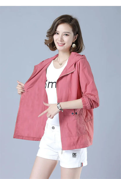 Women's Jacket 2022 New Summer Thin Coat Casual Windbreaker Female Sun Protection Jacket Basic Zipper Coat Tops 5XL