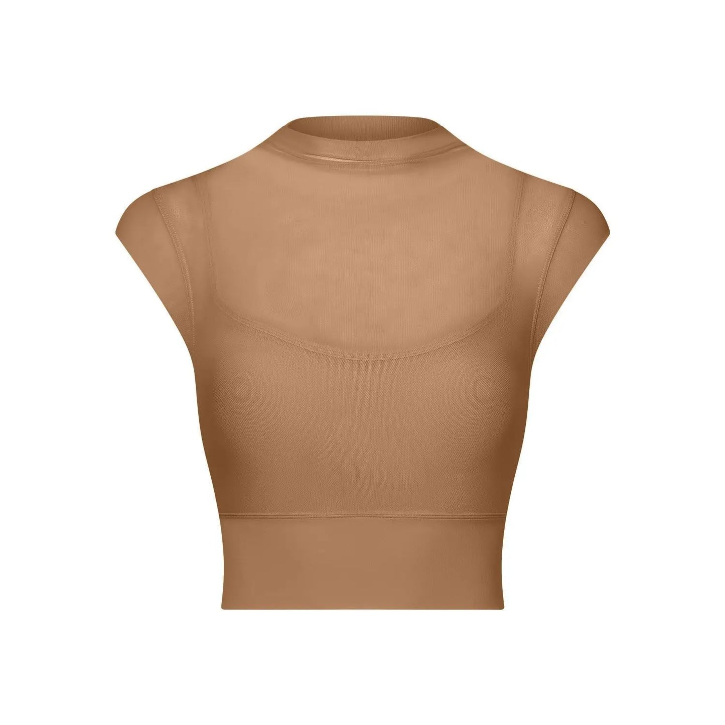 New Design Women's Sexy Mesh Panel 2 in 1 High Neck Sleeveless Quick Dry Crop Top Fitness Tennis Yoga Sportswear Crop Top