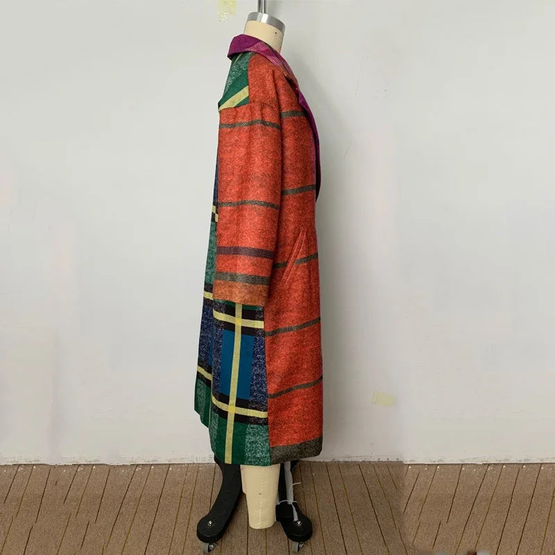 2025 New Women's Tweed Coat Contrast Color Plaid Loose Fit Outerwears Fall and Winter Fashion Casual Trench Coats