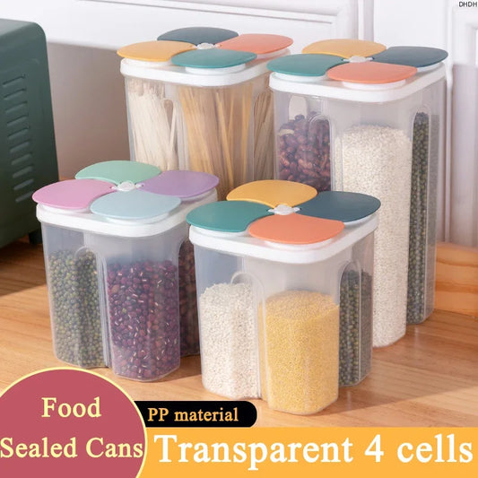 Upgrade Model Kitchen Cereals Storage Box Plastic 4 Grids Cereals Sealed Jar Food Container Moisture-proof Grain Tank