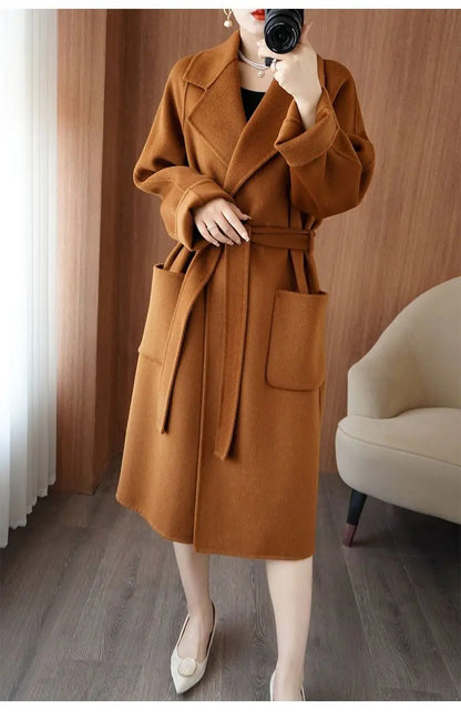 100% Wool Coat Women's Wear 2025 Autumn/Winter Fashion Temperament Double sided Cashmere Coats with Belt Elegant Long Overcoat