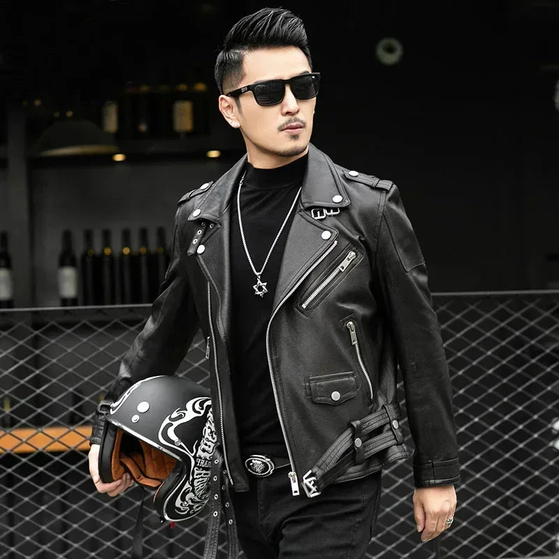 Men Outdoor Sport Leather Jacket Motorcycle Cool Coat Jacket Men Lapel Leather Jackets Mens Fashion Clothing Real Leather Coat
