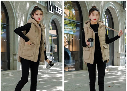 Women's Autumn Hooded Vest Coat 2025 New Short Down Cotton Padded Jacket Sleeveless Female Winter Waistcoat Warm Snow Wear Vests