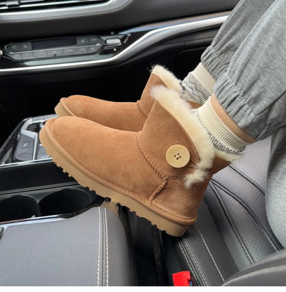 One button low cut, high-end quality 2-in-1 genuine leather, real wool, sheepskin fashionable and warm chestnut thick snow boots