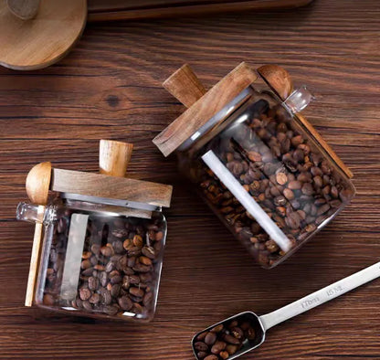 Kitchen Glass Jar Grains Coffee Beans Tealeaf Storage Containers with Wood Spoon Lid Clear Spice Jar Moisture-proof Storage Tank