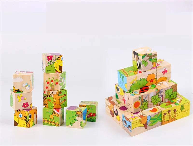Early Learning Educational Toys Baby Wooden Blocks Toys Animal Fruit Traffic Cognize Children Six Side Cube Jigsaw Puzzles Game